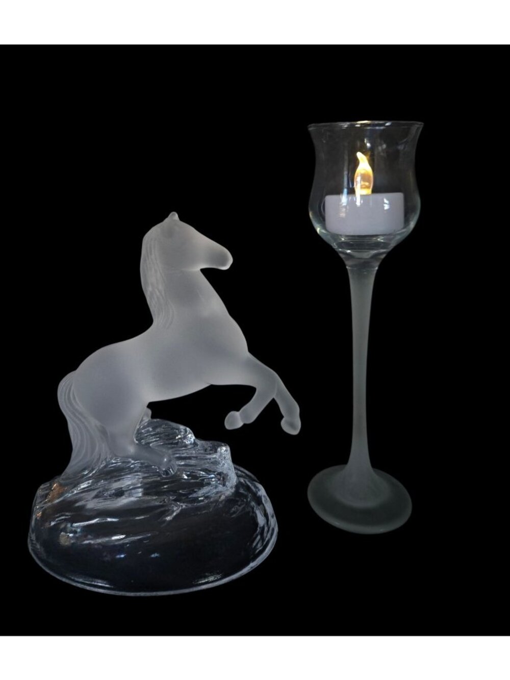Vintage Crystal D'Arques Frosted Crystal Horse figurine 6" and 8" Candleholder